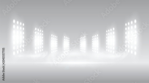 Abstract technology background stadium stage hall with scenic lights of round futuristic technology user interface White vector lighting empty stage spotlight background.