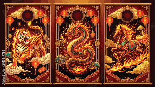 Foto Majestic tiger dragon and horse figures glowing with bright fire inside traditio
