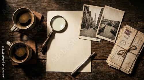 Vintage parisian still life coffee letters and historical photographs on dark wood