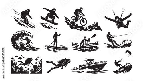 Extreme Sports Silhouettes Set Including Surfing Skiing Mountain Biking and Scuba Diving