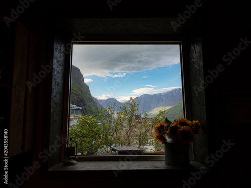 norwegian fjord valley through a window
