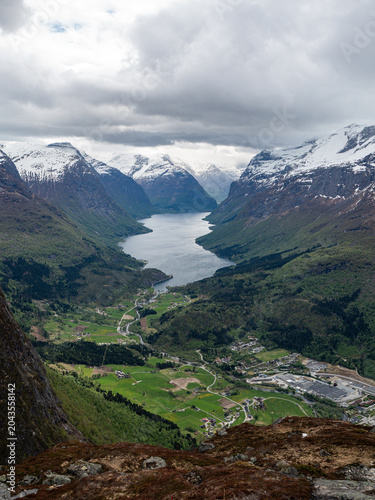 norwegian fjord valley from above