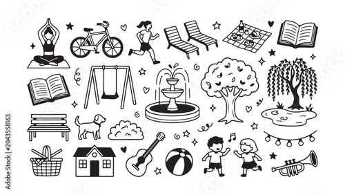 Hand Drawn Park and Outdoor Activity Doodle Icon Set