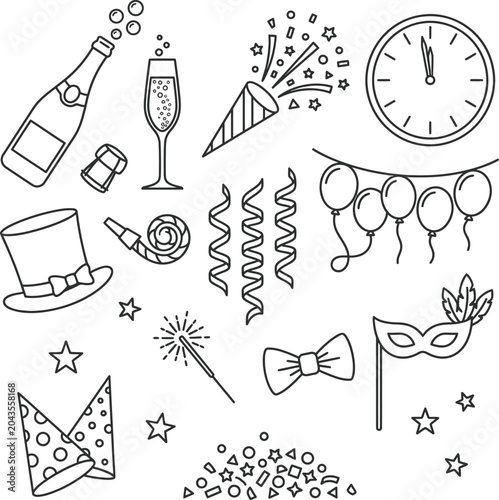 Canvas Print New Year's Eve Party Celebration Outline Icon Set