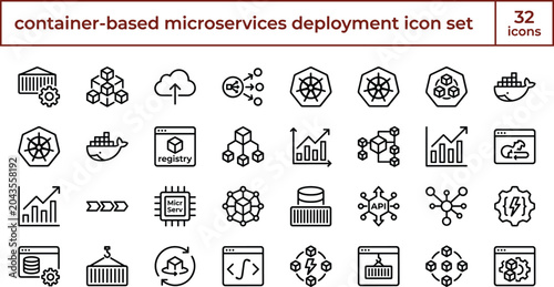Container Based Microservices Deployment Line Icons Collection for Cloud Native Infrastructure and DevOps Architecture