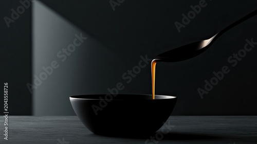 Dark, minimalist scene with a spoon pouring orange liquid into a black bowl