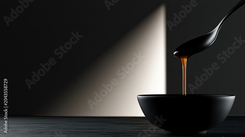 Dark bowl on table with spoon dripping golden liquid