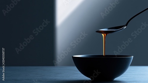 Dark amber liquid drips from a spoon into a black bowl