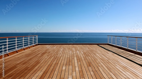 Expansive wooden deck on a vessel overlooks a calm, bright blue ocean under clear sky