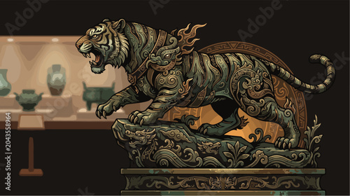 Tableau sur toile Detailed bronze tiger statue featuring intricate ancient chinese patterns displa