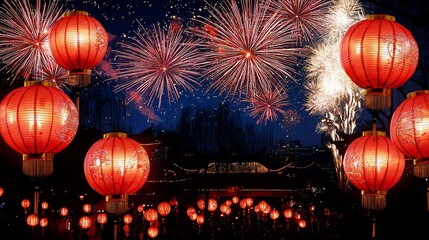 Lunar New Year Celebration with Red Chinese Lanterns and Fireworks