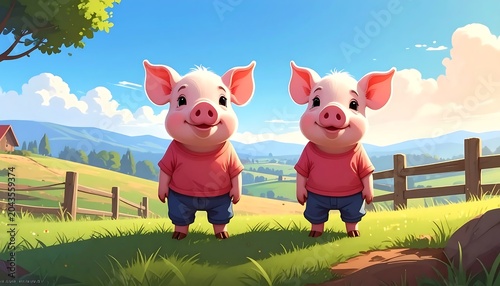 Cute Cartoon Piglets Standing Together in Sunny Rural Meadow