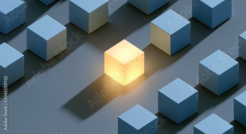 One glowing cube stands out among many muted ones in a patterned arrangement