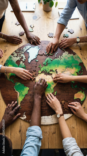 Diverse group of people putting together a wooden world map puzzle. Teamwork and global cooperation for environmental sustainability. Green energy and ecology awareness concept.