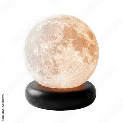 A glowing moon lamp on a black base