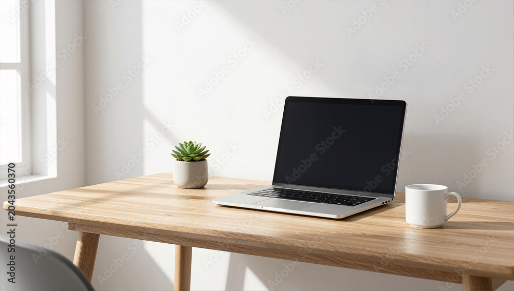 Fototapeta premium Scandi-Minimalist Home Office Workspace with Natural Light
