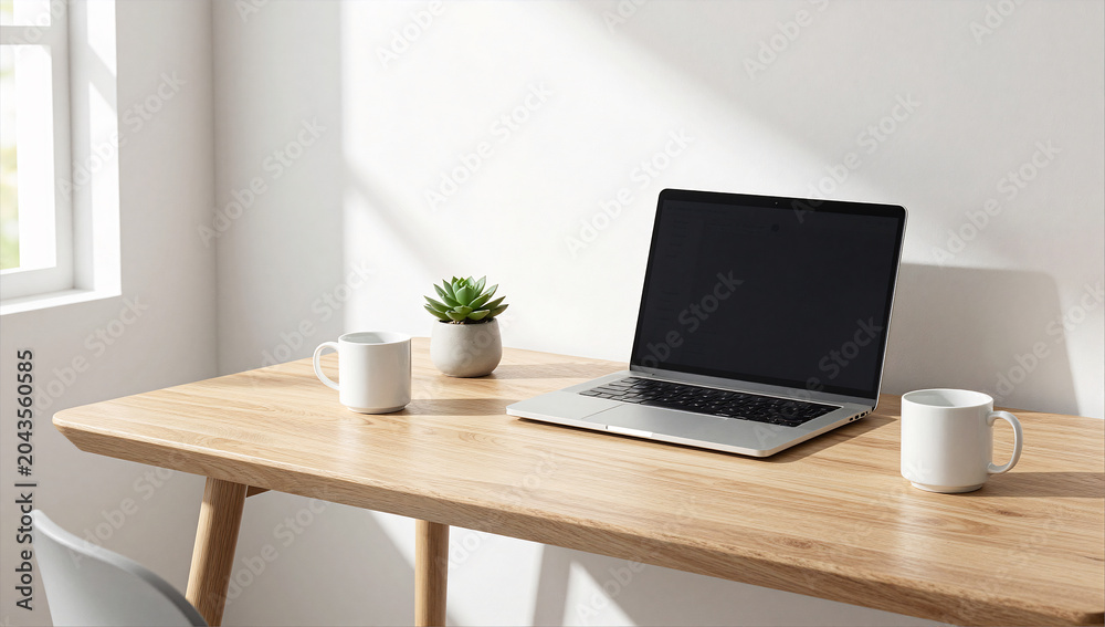 Fototapeta premium Scandi-Minimalist Home Office Workspace with Natural Light