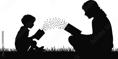 Silhouette of adult and child reading books with imagination sparks on white background vector illustration