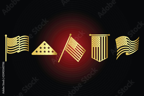 Set of golden american flag icons with american patriotic triangular national identity ceremony