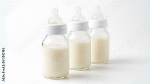 Three Glass Baby Bottles Filled with Milk on White Background