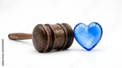 Wooden Judge Gavel and Blue Glass Heart on White Background