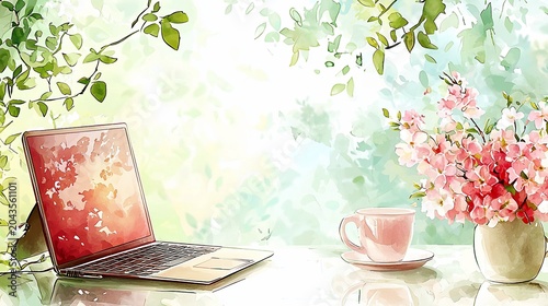 Watercolor Laptop and Flower Bouquet on Desk