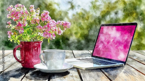 Watercolor illustration of a laptop, coffee cup, and flowers on a wooden table