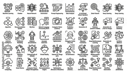 A collection of various business and technology icons are shown in a grid.