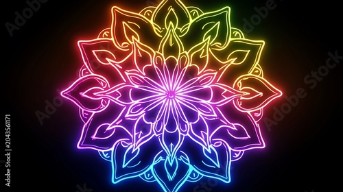 Vibrant Rainbow Neon Mandala Pattern on Black Background