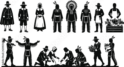 Schilderij op canvas Historic Indigenous and Early Settler Farming Silhouette Collection with Harvest