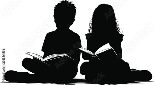 Silhouettes of a boy and girl sitting together reading open books on a white background children