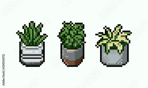 Pixel art of potted ornamental green plants and foliage, perfect for RPG game UI, retro video game asset, and pixel interior design elements.