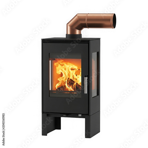 A black wood burning stove with a copper chimney