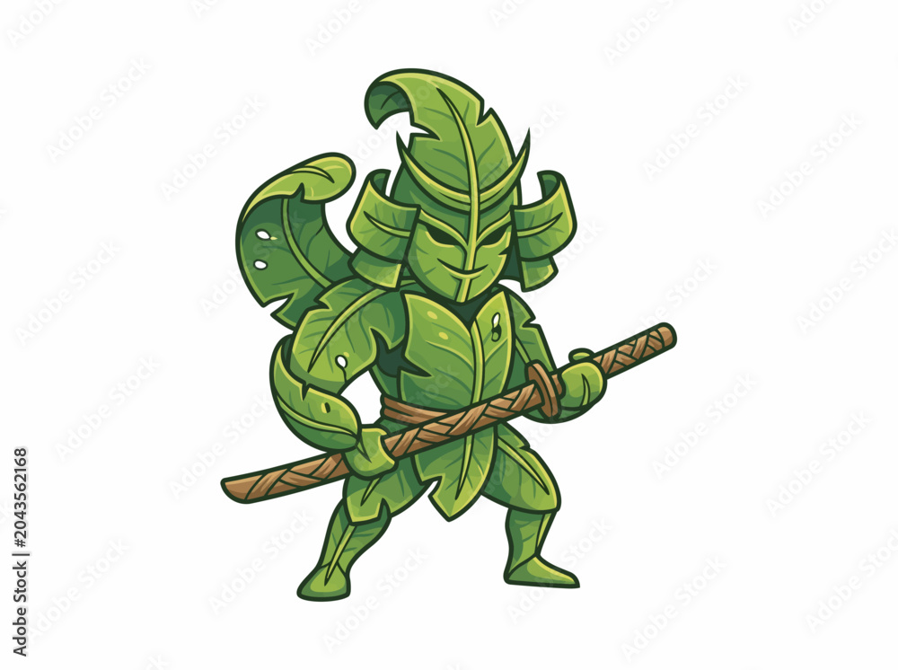 Fototapeta premium Green Leaf Warrior Samurai Character Holding Katana Sword
