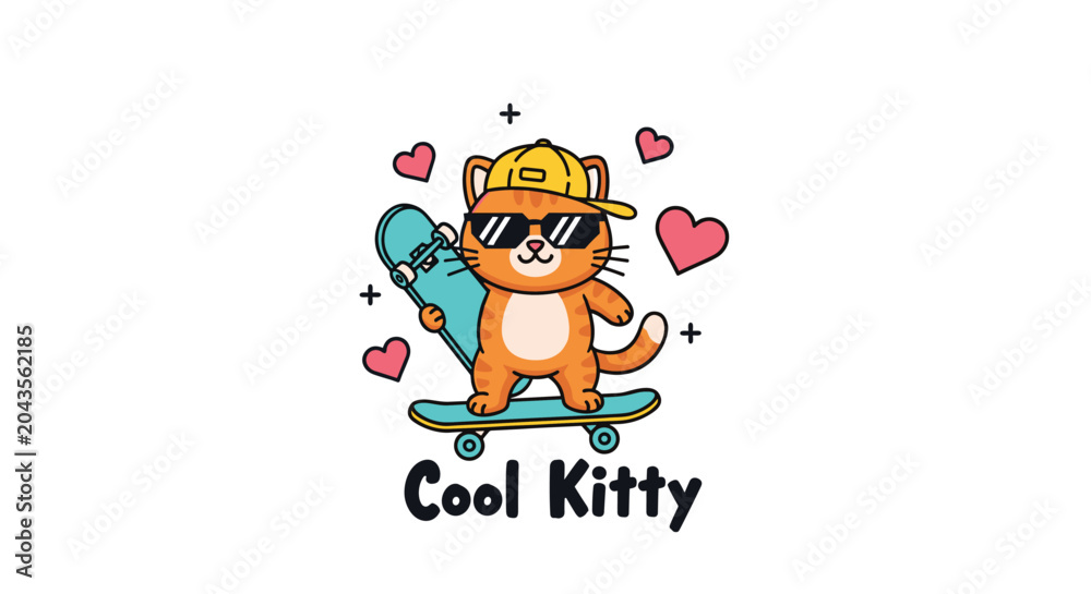 Fototapeta premium Cartoon illustration of a cool orange tabby kitty wearing a yellow baseball cap and dark sunglasses while standing on a blue skateboard.
