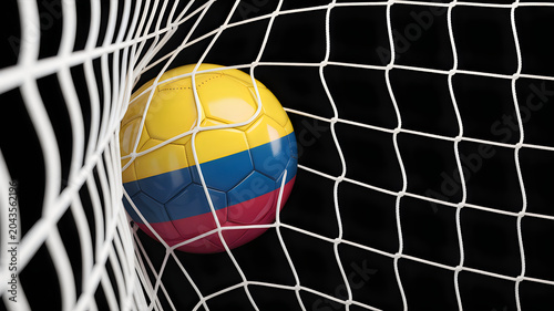 Colombian flag soccer ball in goal net