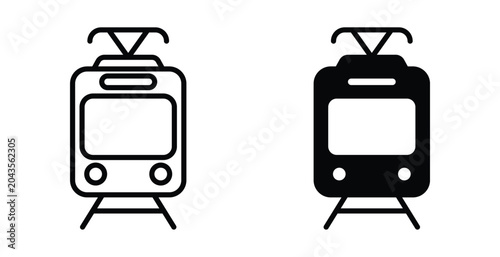 Photos Two simple black tram icons showing a linear outline version and a solid filled