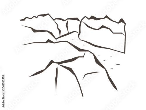Fjord landscape surrounded by steep mountains in simple sketch style. The illustration represents remote nature, travel and scenic coastal wilderness