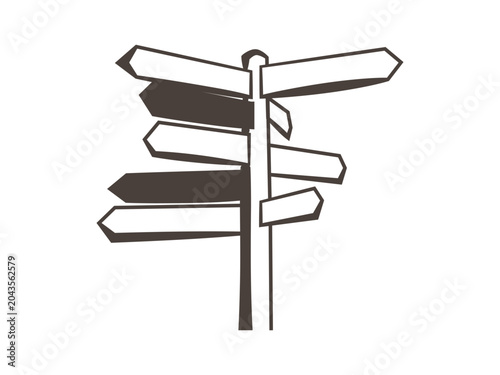 Directional signpost with multiple arrows in simple sketch style. The illustration represents navigation, choice, travel planning and decision making.