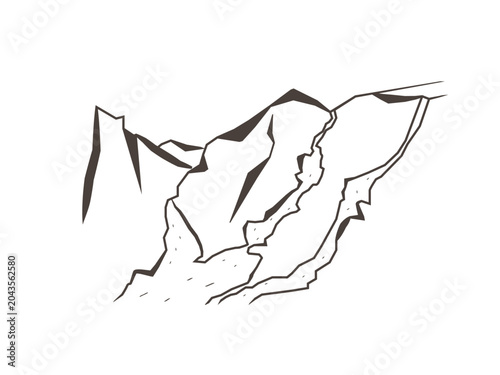 Mountain landscape with waterfalls in simple sketch style. The illustration represents wilderness, nature, hiking and outdoor exploration