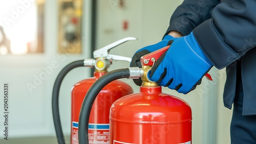 A person in a blue glove holds a red fire extinguisher nozzle.