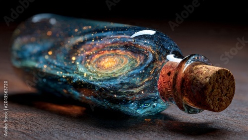 Surreal action of cork popping from glass bottle containing swirling galaxy studio setting macro photography creative concept