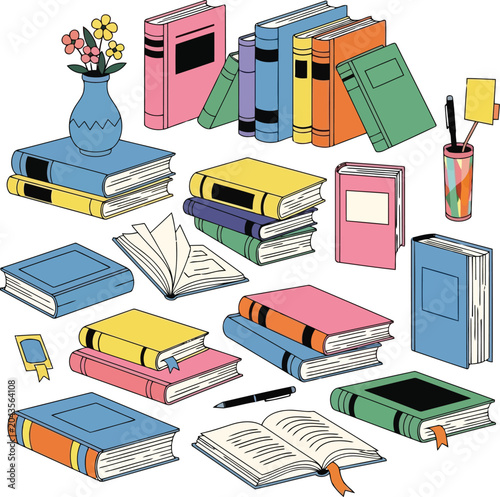 Colorful Stack of Books and School Supplies Isolated on White, Back to School Education Illustration
