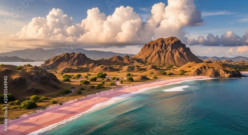 Komodo island pink sand beach aerial landscape, East Nusa Tenggara Indonesia travel no people