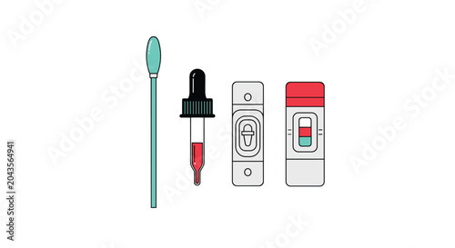 Medical equipment for laboratory testing features a cotton swab, a dropper with red fluid, and two types of rapid diagnostic test cassettes.