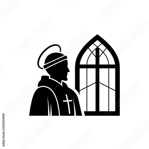 Tableau sur toile Silhouette of a Monk with Halo and Gothic Window.