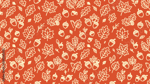 Obraz na płótnie Autumn seamless pattern with hand-drawn leaves and acorns on orange background