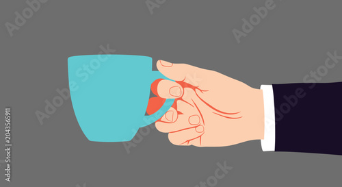 Minimalist illustration of a person hand in a dark suit sleeve holding a bright turquoise coffee cup on a gray background.