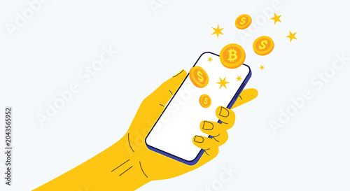 Conceptual illustration of a hand holding a smartphone with gold coins and Bitcoin symbols flying out of the screen.