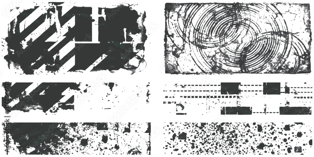 Fototapeta premium Set of black grunge texture shapes and distressed vector elements with rough patterns for artistic design